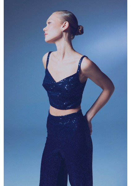 Kalın Askılı Payet Crop - Lacivert modelleri