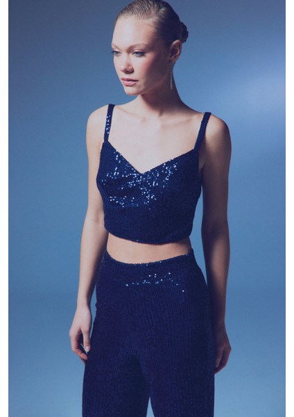 Kalın Askılı Payet Crop - Lacivert fırsatları