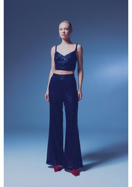 Kalın Askılı Payet Crop - Lacivert indirimleri