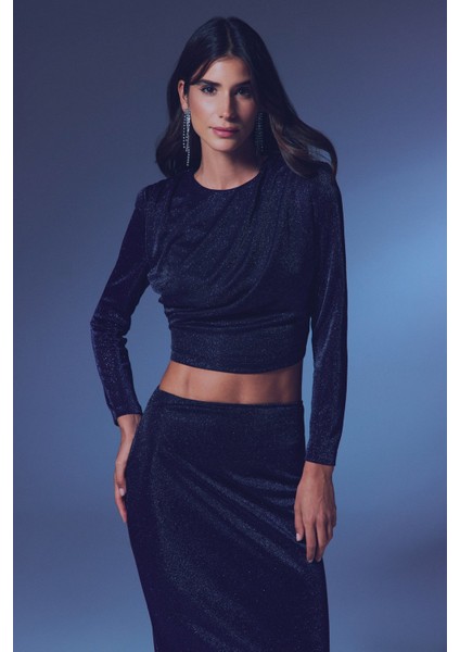 Vatkalı Simli Bluz - Lacivert