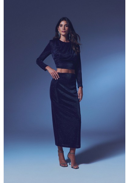 Vatkalı Simli Bluz - Lacivert modelleri