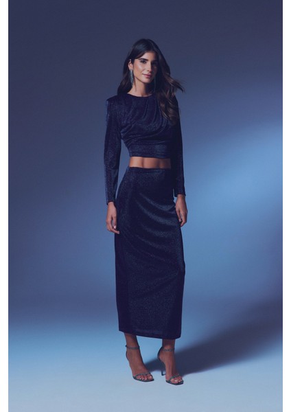 Vatkalı Simli Bluz - Lacivert fırsatları