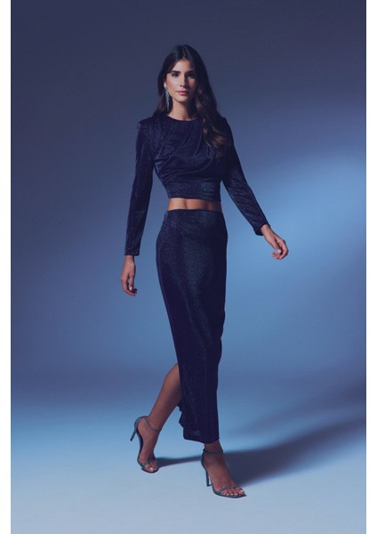 Vatkalı Simli Bluz - Lacivert indirimleri