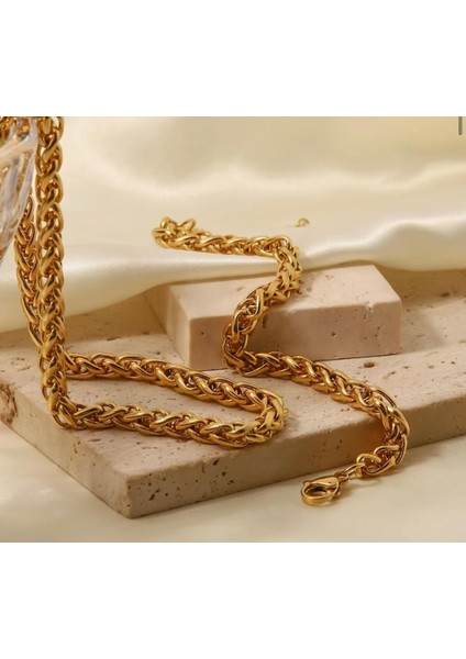 Spiga Model Kalın Burgu Çelik Kararmaz Paslanmaz Kolye ve Bileklik Set 4 Mm