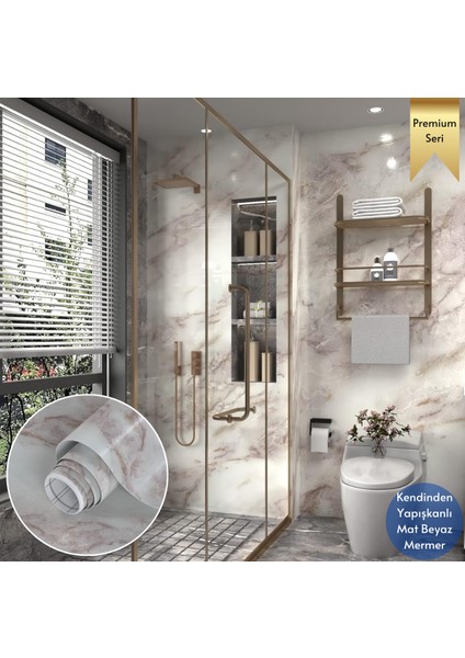 60 x 100 cm Mermer Desen Kendinden Yapışkanlı Duvar Kağıdı Kaplama Mutfak Tezgeh Masa Folyo Beyaz 2