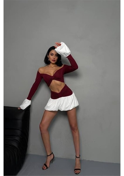 Dipmoda kadın bordo mini boy ikili balon takim DPDF132