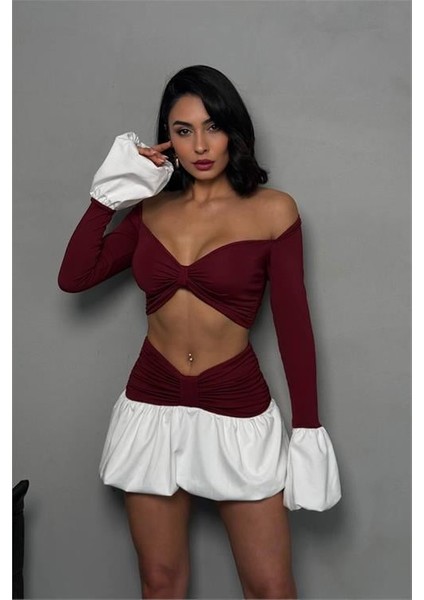 Dipmoda kadın bordo mini boy ikili balon takim DPDF132