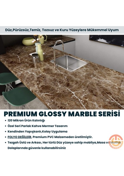 60 x 500 cm Mermer Desen Kendinden Yapışkanlı Kaplama Kahverengi