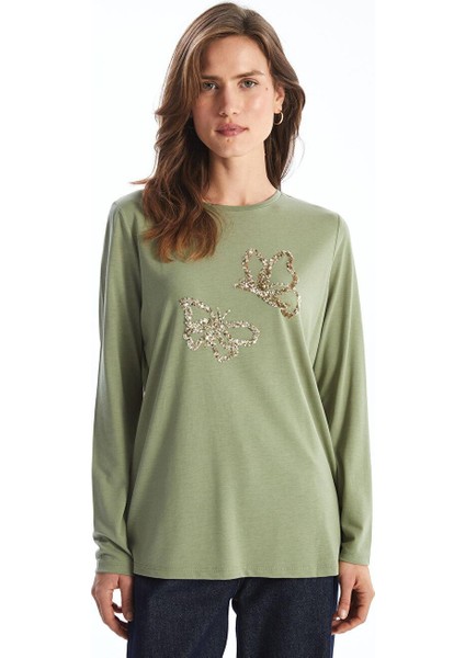 Lcwaıkıkı Classic Bisiklet Yaka Pul Payet Işlemeli Kadın Tişört