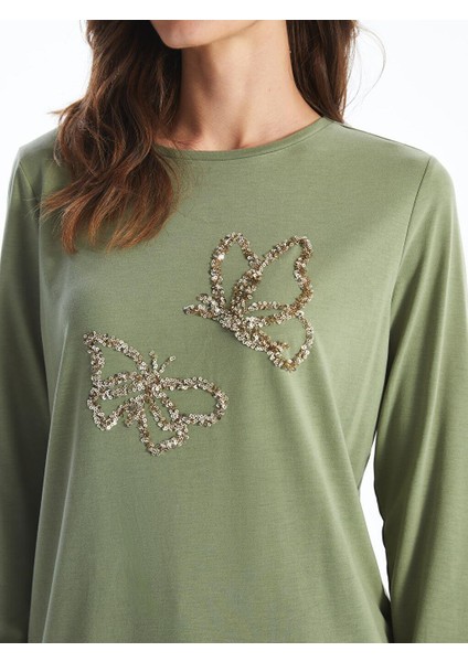 Lcwaıkıkı Classic Bisiklet Yaka Pul Payet Işlemeli Kadın Tişört modelleri