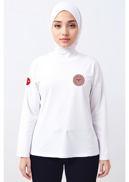 Beyaz 112 Acil Sağlık Bisiklet Yaka Uzun Kollu Tişört Unisex