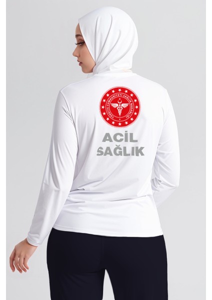 Beyaz 112 Acil Sağlık Bisiklet Yaka Uzun Kollu Tişört Unisex