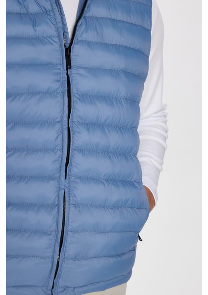 Erkek Slim Fit Dar Kesim Astarlı Rüzgar Geçirmez Cepli Mavi Çıkarılabilir Kapüşonlu Şişme Yelek modelleri