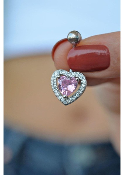 Kalp Model Pembe Taşlı Çelik Göbek Piercing