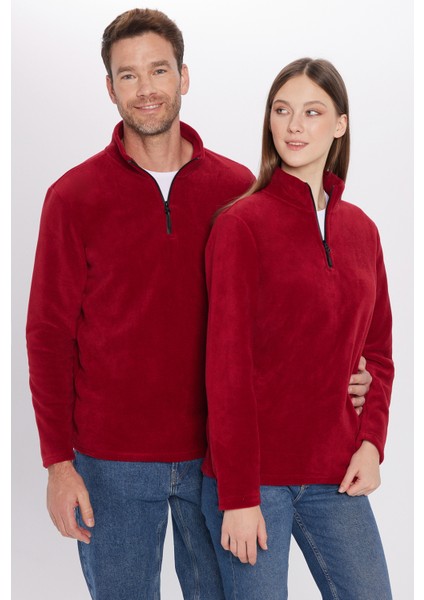 Erkek Dik Yaka Tüylenme Yapmayan Soğuk Geçirmez Standart Fit Rahat Kesim Polar Bordo Sweatshirt