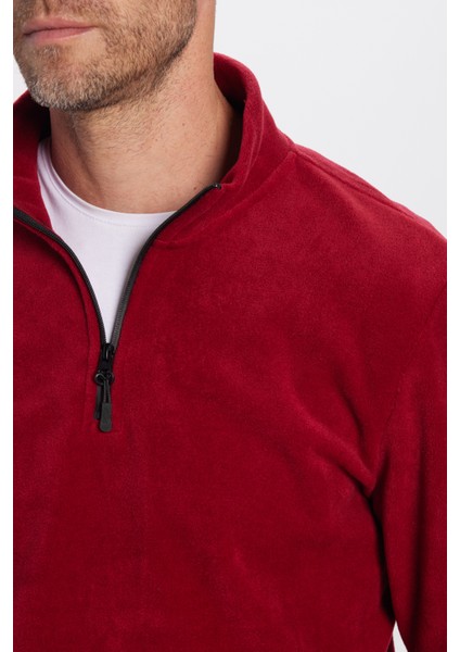 Erkek Dik Yaka Tüylenme Yapmayan Soğuk Geçirmez Standart Fit Rahat Kesim Polar Bordo Sweatshirt