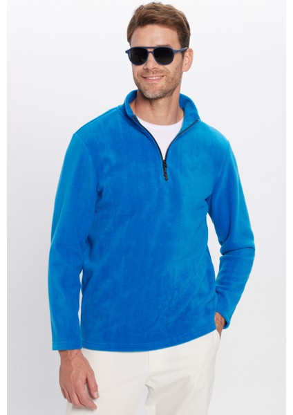 Unisex Standart Fit Anti-pilling Tüylenme Yapmayan Soğuk Geçirmez Sax Mavi Dik Bato Yaka Polar Sweatshirt