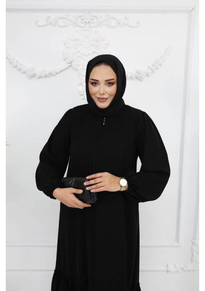 Tesettür Siyah Altı Büzgülü Fermuarlı Medine Ipeği Kadın Ferace MF-2237 fırsatları