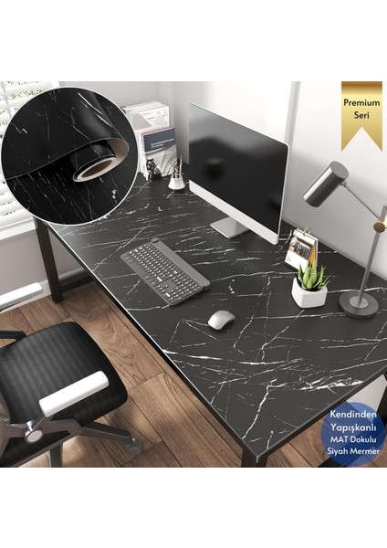 60 x 100 cm Mat Mermer Desenli Kendinden Yapışkanlı Kaplama Mutfak Masa Folyo Siyah