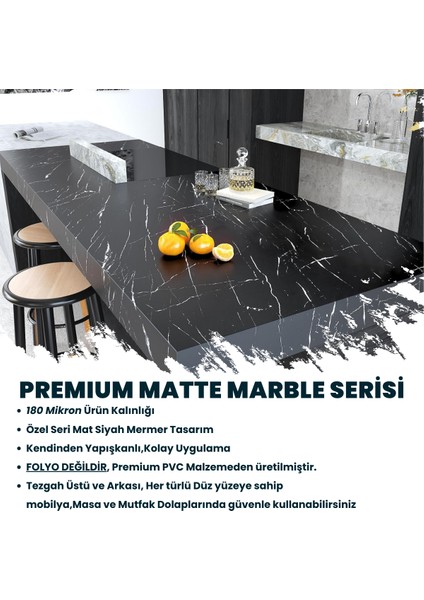 60 x 100 cm Mat Mermer Desenli Kendinden Yapışkanlı Kaplama Mutfak Masa Folyo Siyah