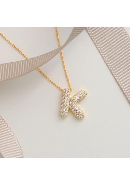 925 Ayar Sarı Altın Kaplama Harfli Gümüş Kolye --K Harfi