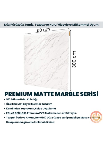 60 x 300 cm Mat Mermer Desenli Kendinden Yapışkanlı Kaplama Mutfak Masa Folyo Beyaz