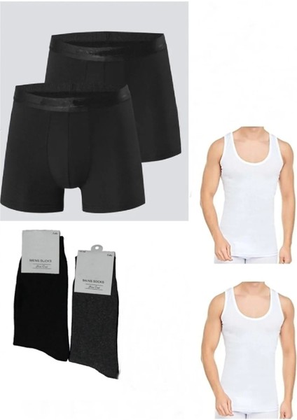 Oska Atlet - Boxer - Çorap Takımı 2 Boxer 2 Atlet 2 Çorap Toplam 6 Parça Ekonomik Iç Çamaşır Seti
