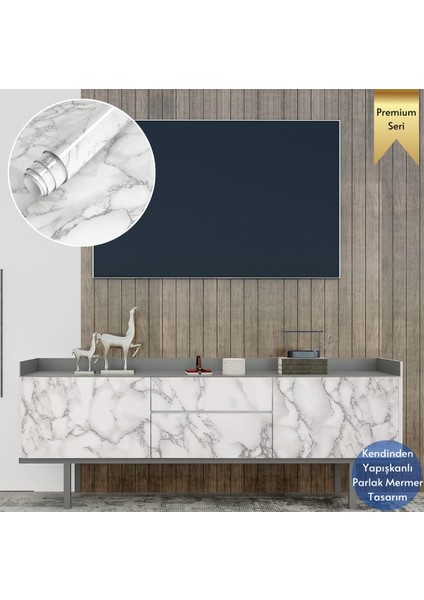 60 x 100 cm Mermer Desen Kendinden Yapışkanlı Kaplama Beyaz