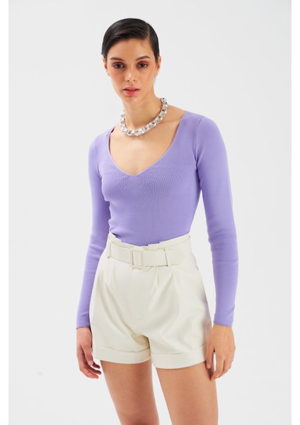 V Yaka Triko Crop - Lila fiyatları
