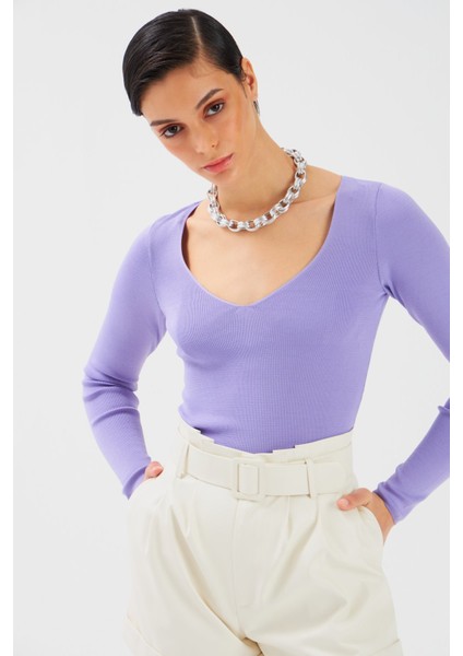 V Yaka Triko Crop - Lila modelleri