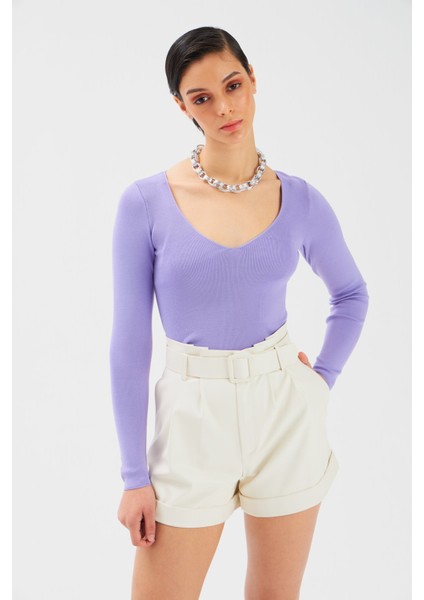 V Yaka Triko Crop - Lila fırsatları
