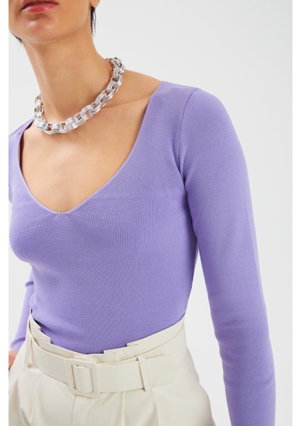 V Yaka Triko Crop - Lila indirimleri