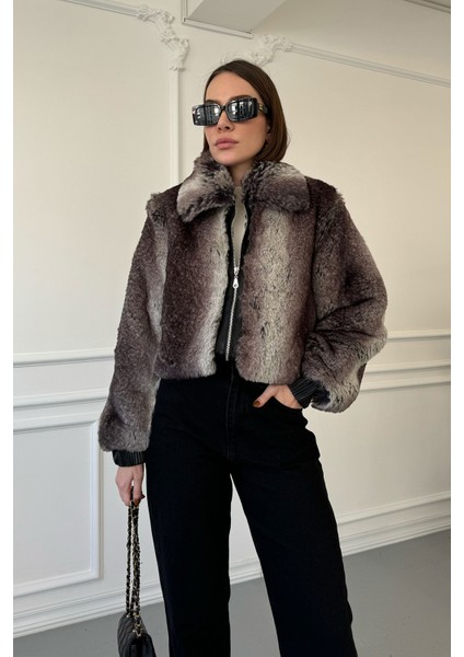 Renk Geçişli Fermuarlı Kürk- Gri