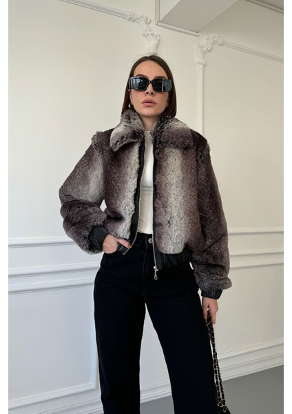 Renk Geçişli Fermuarlı Kürk- Gri modelleri