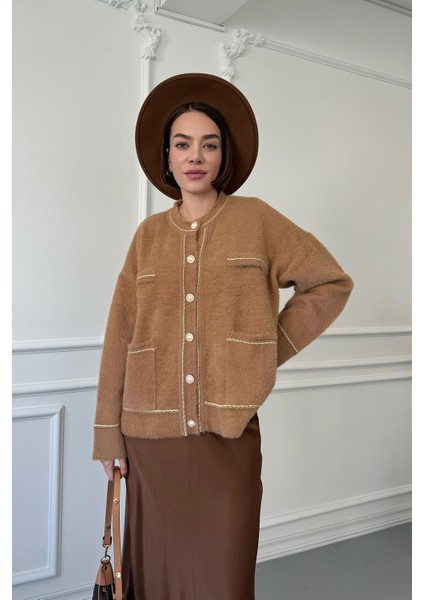 Cepli Simli Triko Hırka- Camel