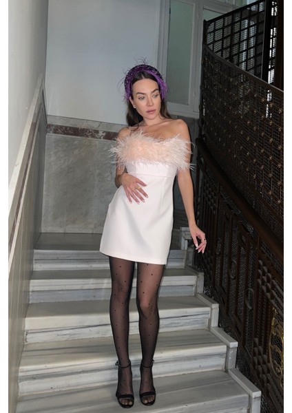Tüy Detay Mini Elbise- Pembe