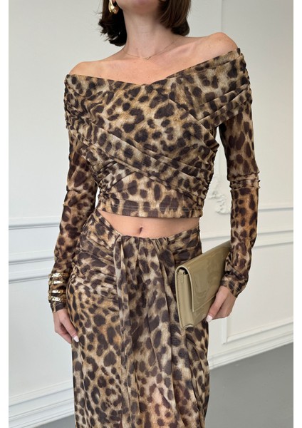 Drape Detay Leopar Bluz- Hardal
