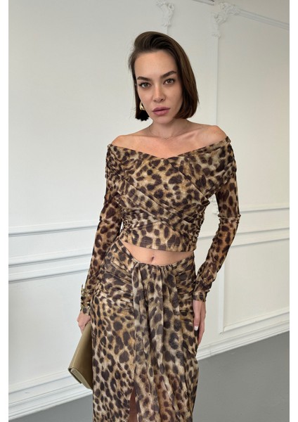 Drape Detay Leopar Bluz- Hardal