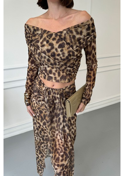 Drape Detay Leopar Bluz- Hardal