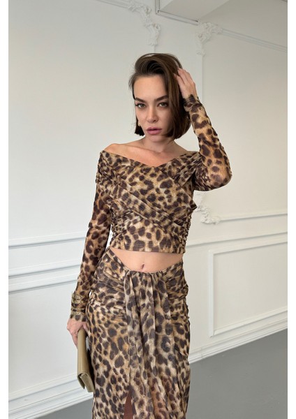 Drape Detay Leopar Bluz- Hardal