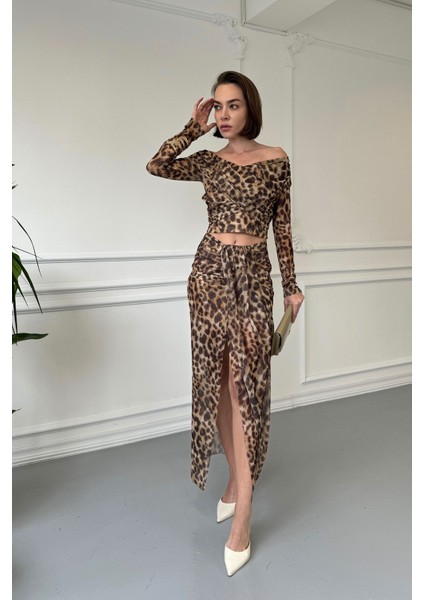 Drape Detay Leopar Bluz- Hardal