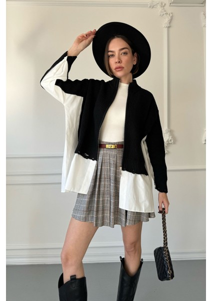 Poplin Garnili Tasarım Hırka- Siyah