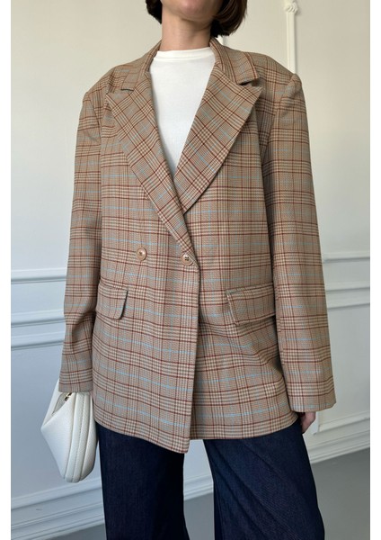 Ekose Desen Blazer Ceket- Camel