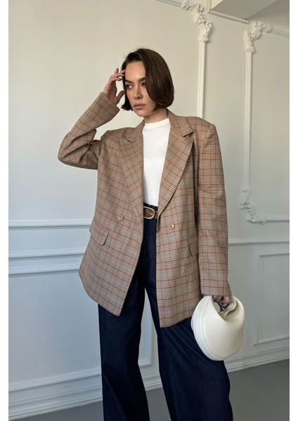 Ekose Desen Blazer Ceket- Camel