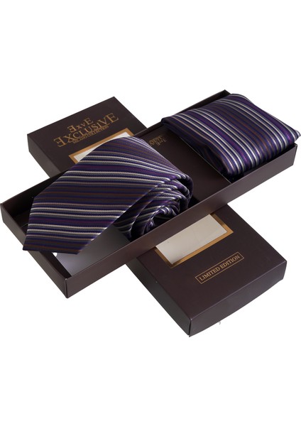 Mor Bej Kahverengi Çizgili Hediyelik Kutulu Kravat Mendil Seti