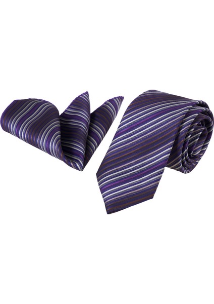 Mor Bej Kahverengi Çizgili Hediyelik Kutulu Kravat Mendil Seti fiyatları