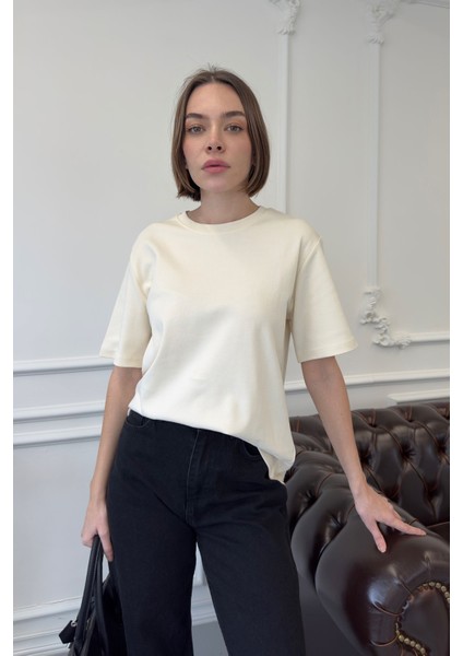 Kısa Kol Orijinal Basic Tshırt- Krem