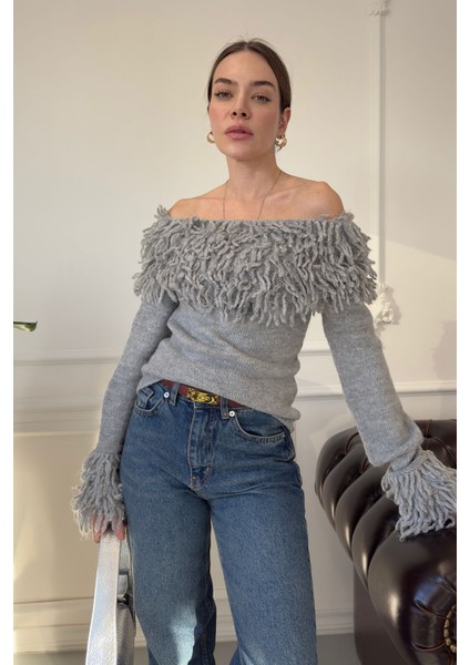 Madonna Yaka Püsküllü Kazak Gri fırsatları