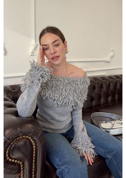 Madonna Yaka Püsküllü Kazak Gri indirimleri