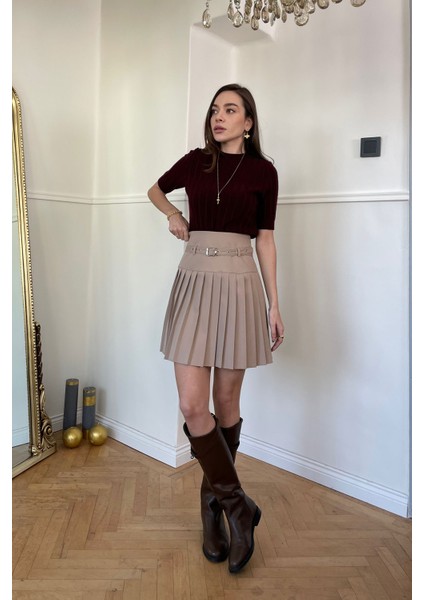 Pileli Kemerli Etek- Bej
